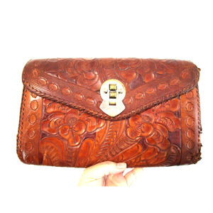Vintage 70's Distressed Tooled Leather Clutch Purse